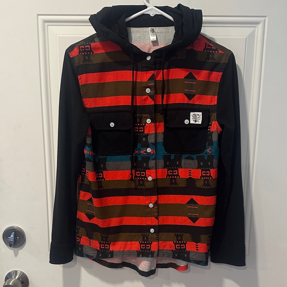 Crooks & Castles women Hooded Button Down Shirt - Red, Black, and Brown small